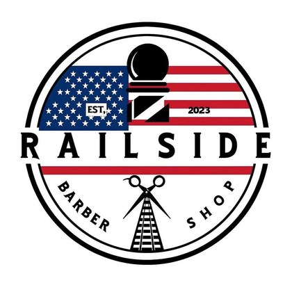 The Railside Barbershop flag emblem — a stars-and-stripes roundel reading RAILSIDE BARBER SHOP around crossed shears and a railroad track.
