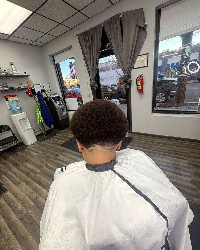 A rounded afro shaped up with a crisp neckline, seen from behind the chair.