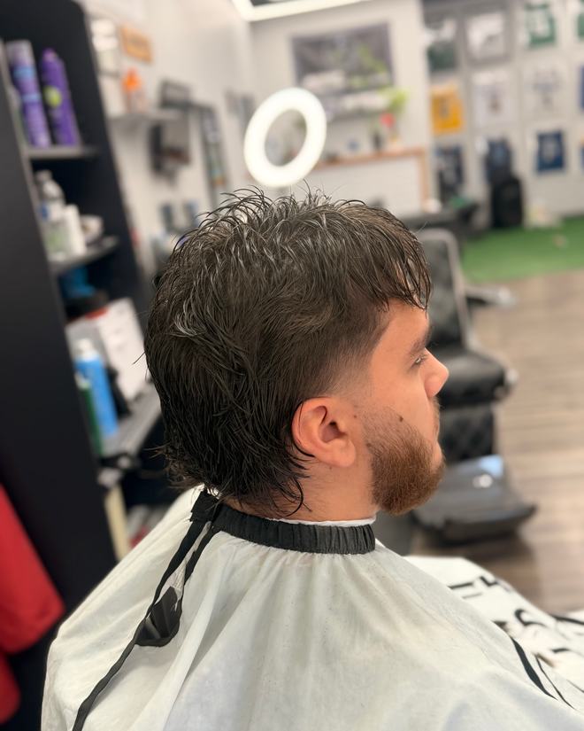 A modern mullet with a burst fade around the ear and a full beard, in profile.