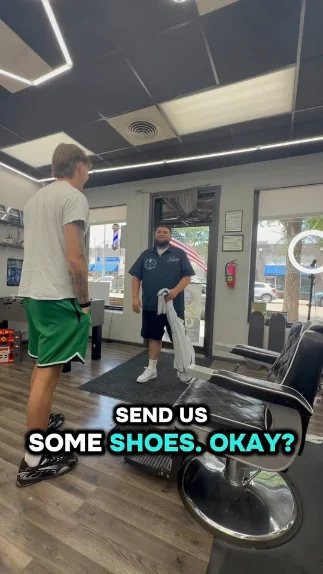 Inside the shop during a shoe drive, captioned “Send us some shoes. Okay?”